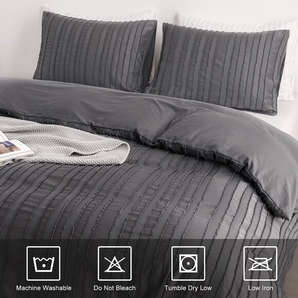 Boho Duvet Cover Striped Textured Duvet Cover Set Tufted Bedding Set  Gray - Picture 8 of 9